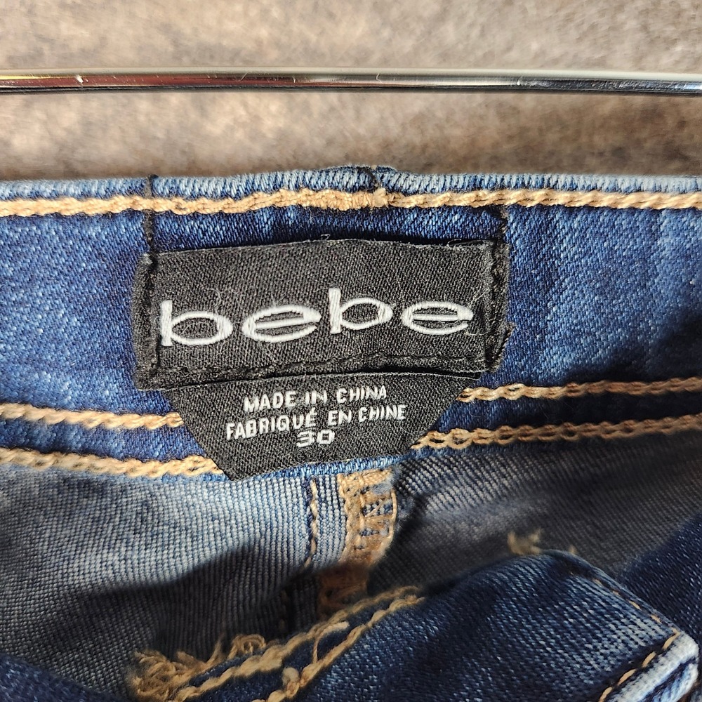 Bebe Womens Blue Distressed Denim Jeans Pearl Embellished Pockets Size 30 - Picture 3 of 16